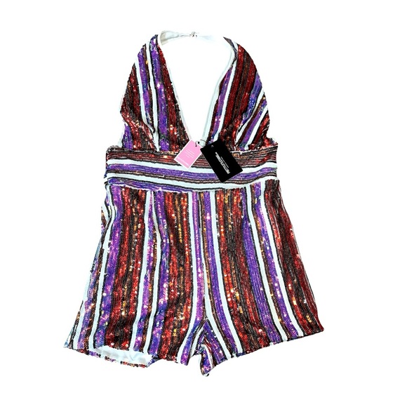 PRETTY LITTLE THING Multi Stripe Sequin Halterneck‎ Romper Sz 12 Baddie Party - Picture 9 of 10